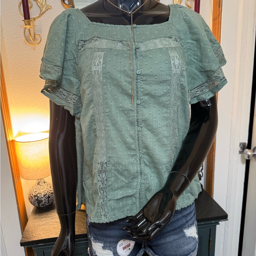 Women's Sage Green Lace Detail Top